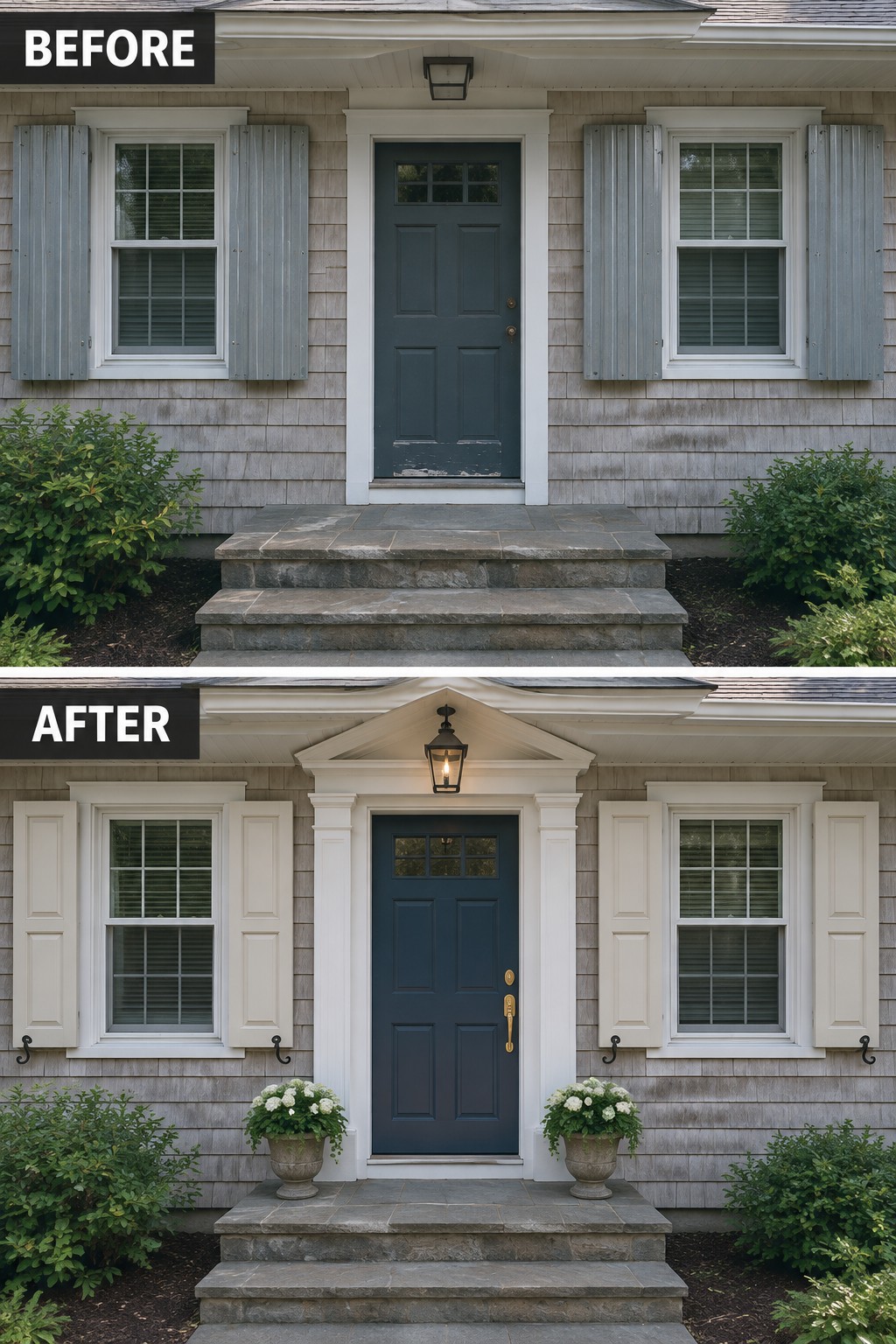 Before and after of house entrance with blue door, white shutters, and potted flowers