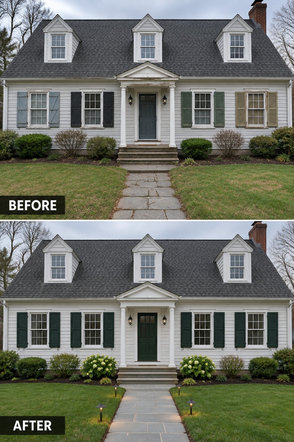 Before-and-after image of a Cape Cod house exterior with mismatched shutters updated to uniform dark green shutters, plus added landscaping and pathway lighting.