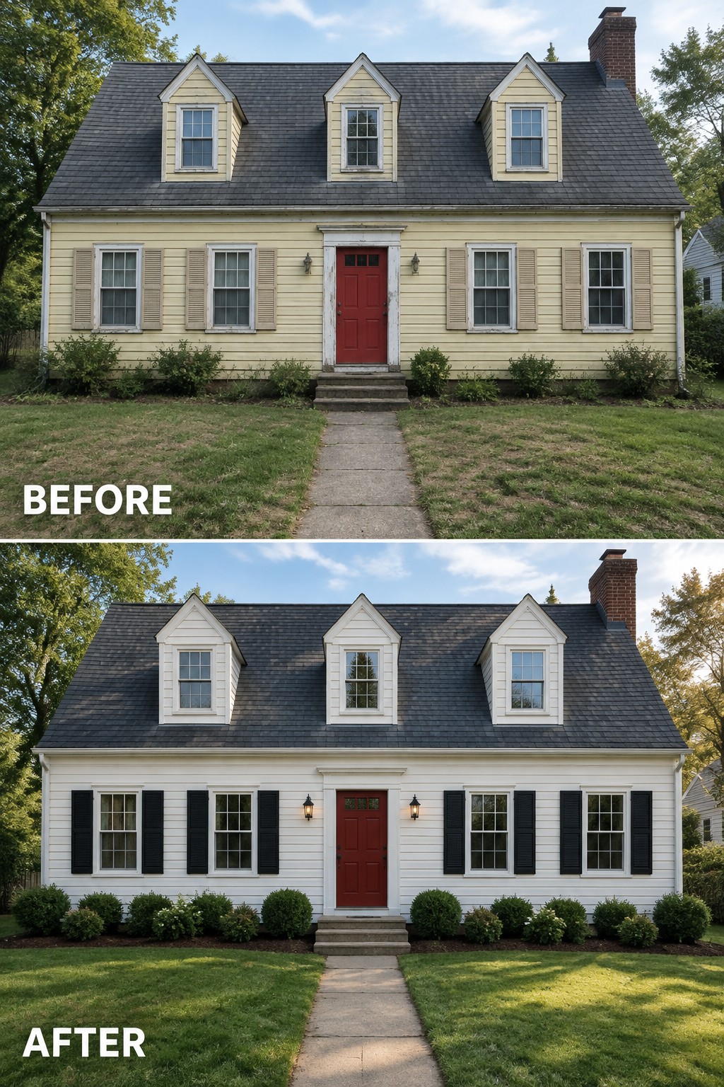Before-and-after image of a Cape Cod house exterior changed from yellow with beige shutters to white with black shutters and cleaned-up landscaping.