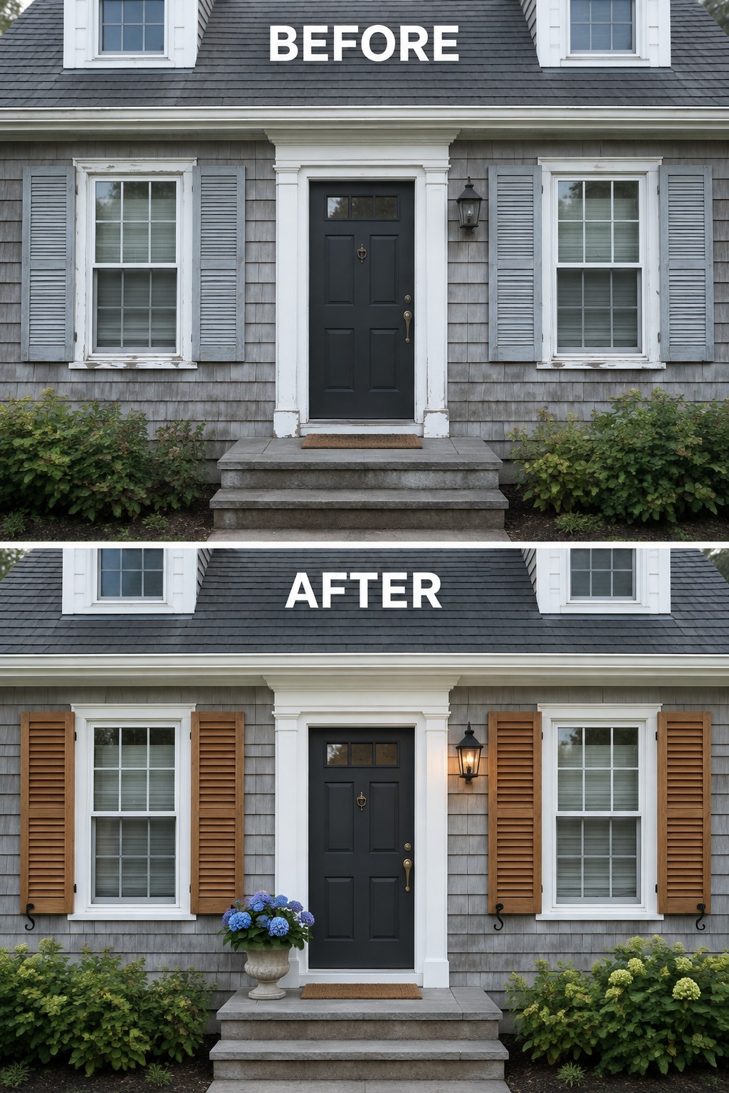 Before and after of house with black door, gray-to-brown shutters, and added potted flowers