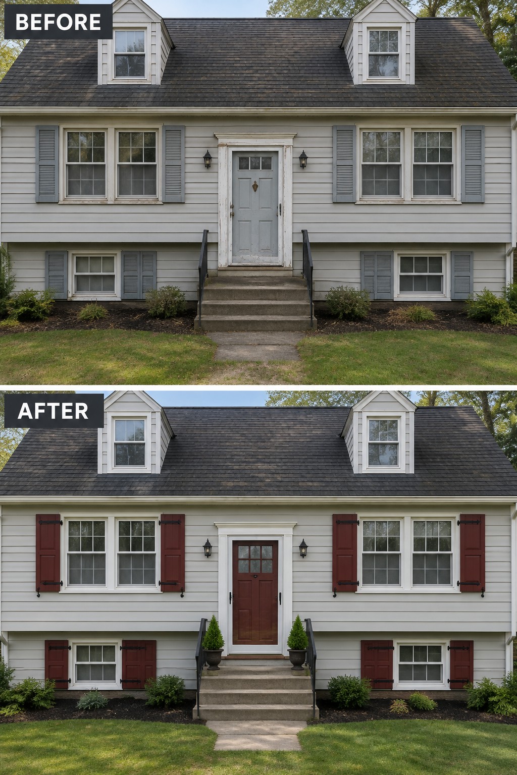 Before and after house exterior with red shutters replacing gray and brown door added.