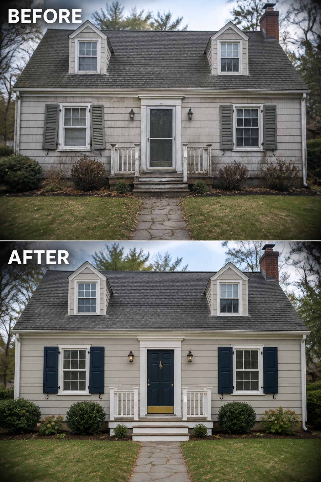 Before and after views of house with new blue shutters, door, and landscaping