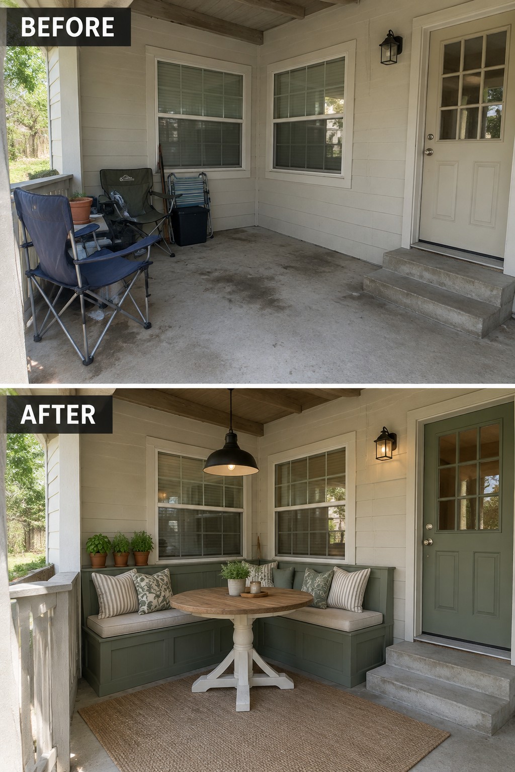 Before and after porch with built-in green benches, round table, and rug