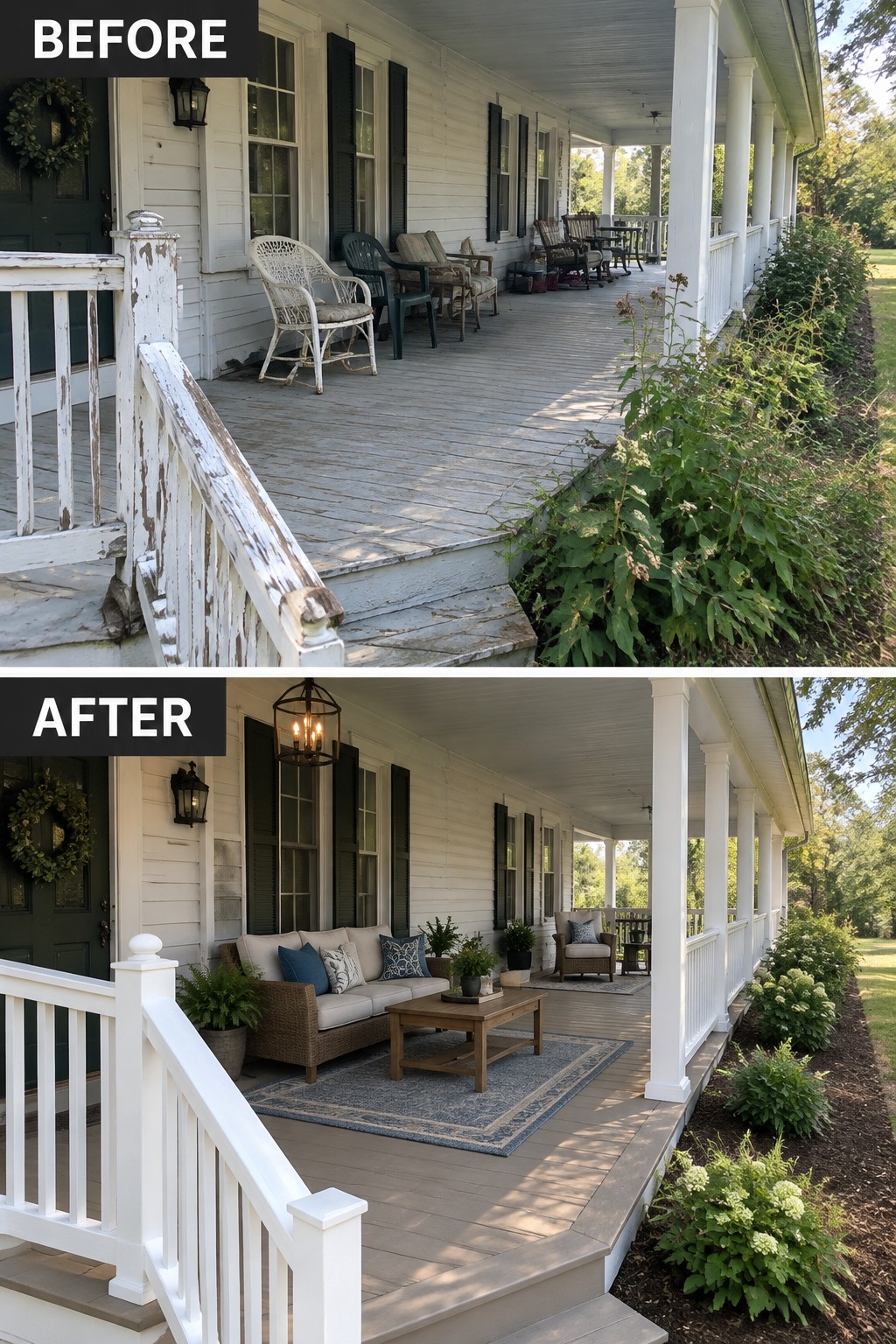 Before-and-after image of a front porch changed from scattered seating to a defined area with a sofa, rug, coffee table, and arranged furniture.