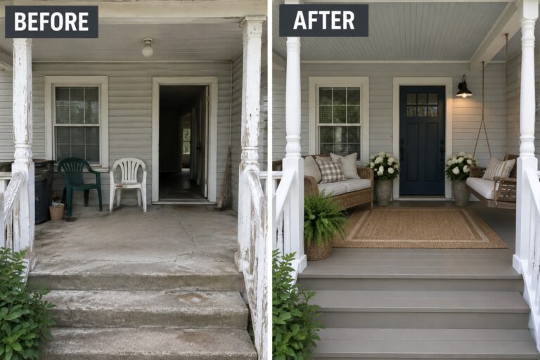 Before-and-after porch renovation: peeling paint and plastic chairs replaced by blue door, swing, and wicker seating.