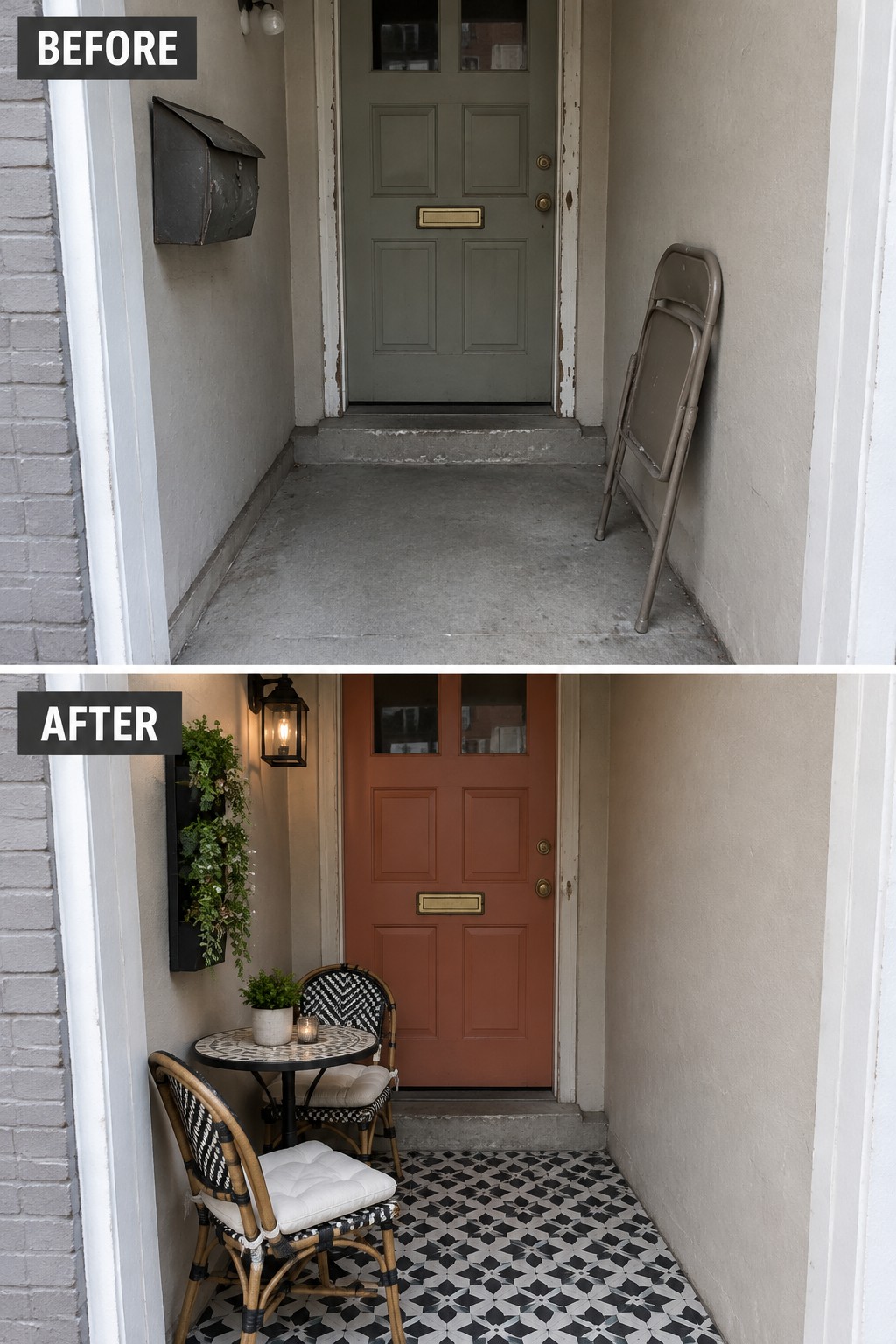 Before-and-after porch: green door and concrete to red door, bistro chairs, and patterned tiles.