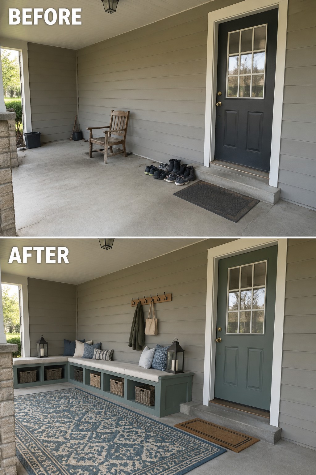 Before and after porch with built-in bench, storage baskets, rug, and green door.
