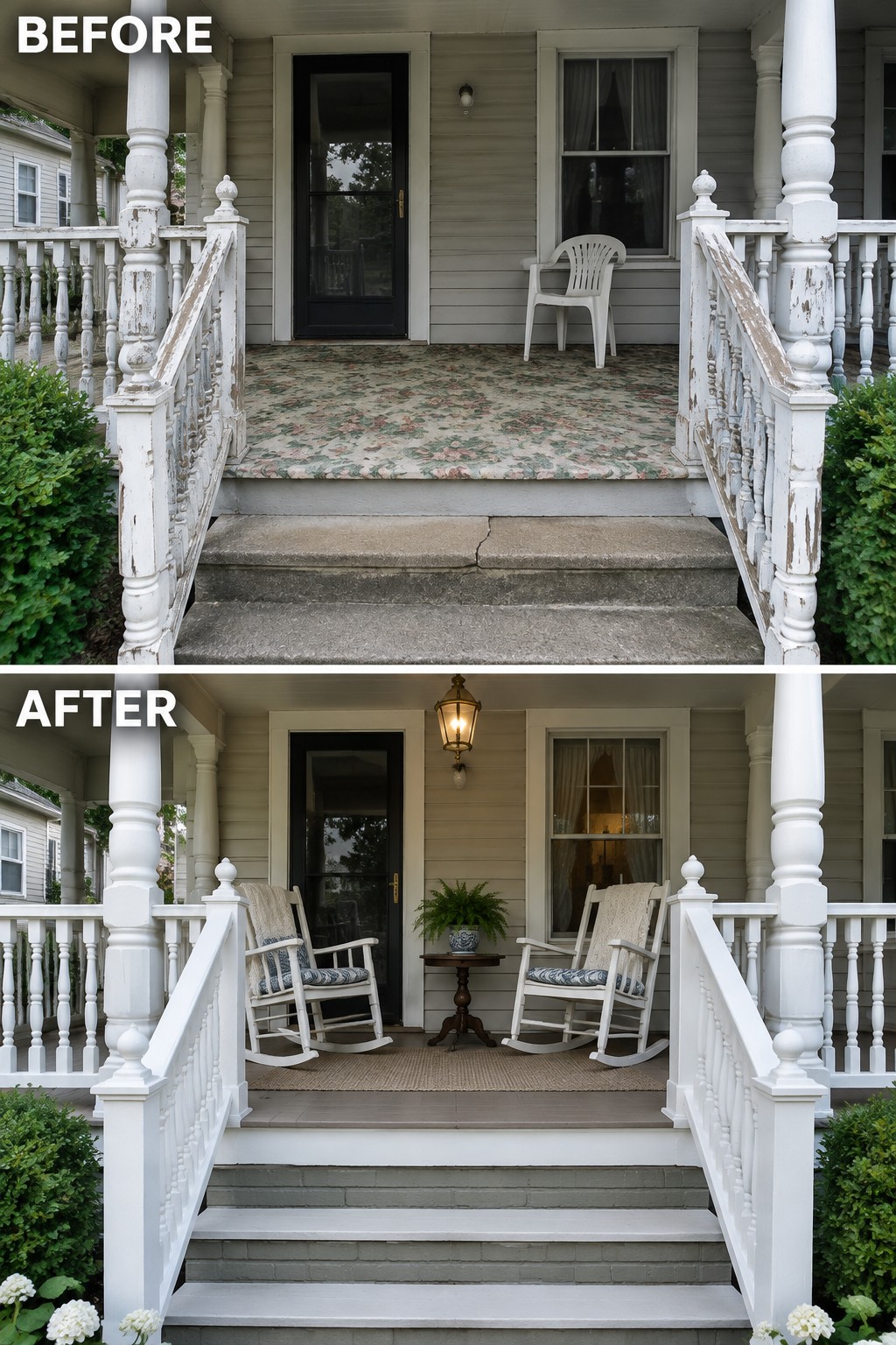 Before and after porch with new rocking chairs, painted railing, and steps.