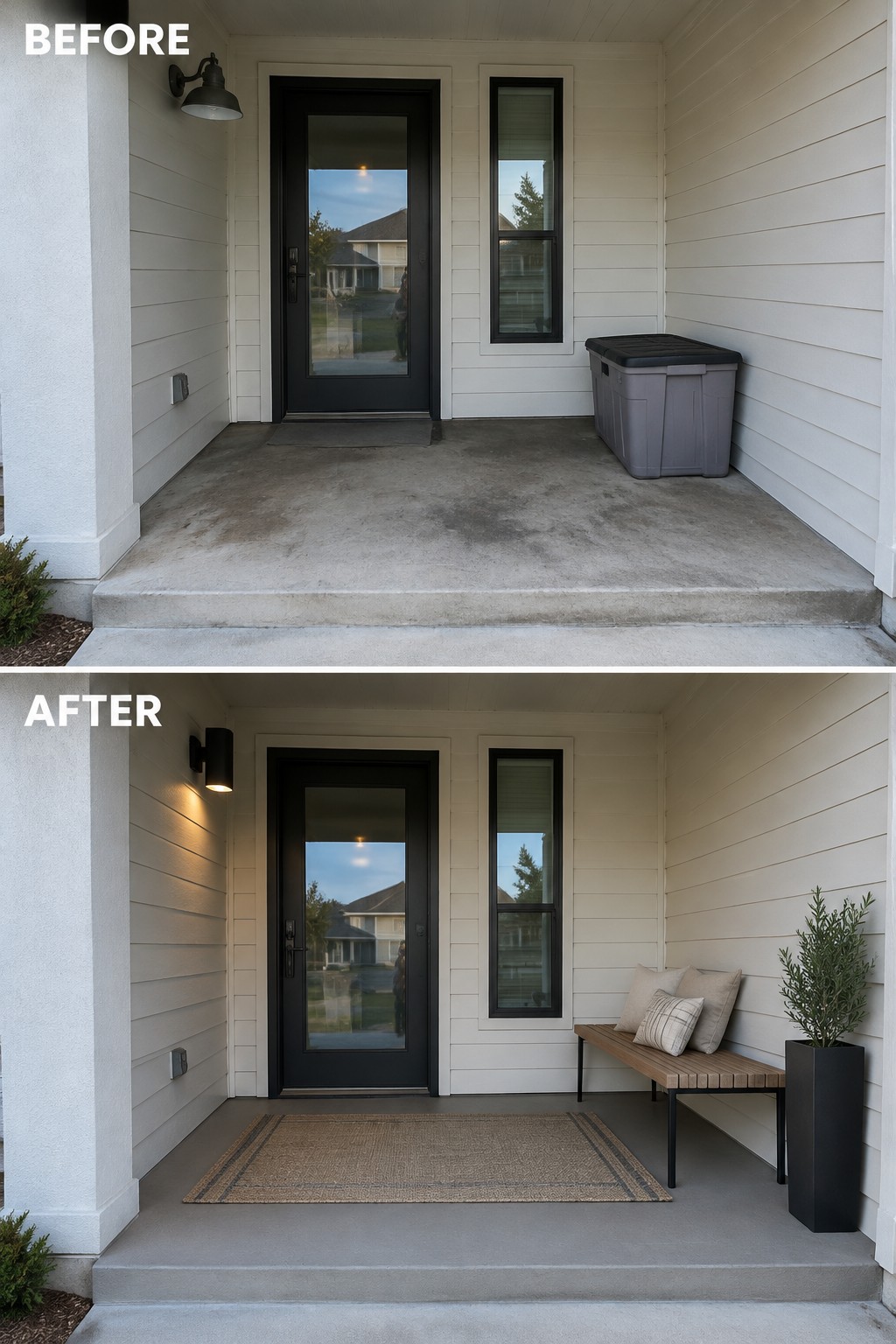 Before and after porch renovation with black door, bench, rug and plant