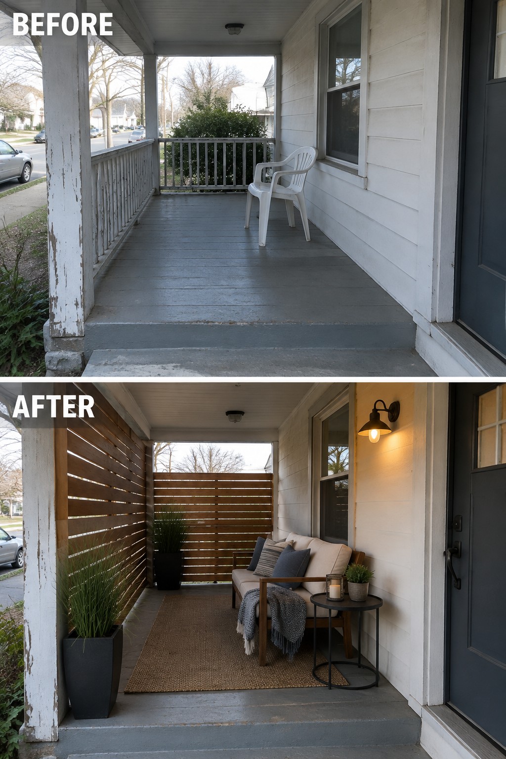 Before and after porch renovation with wooden screens, sofa, rug and plants
