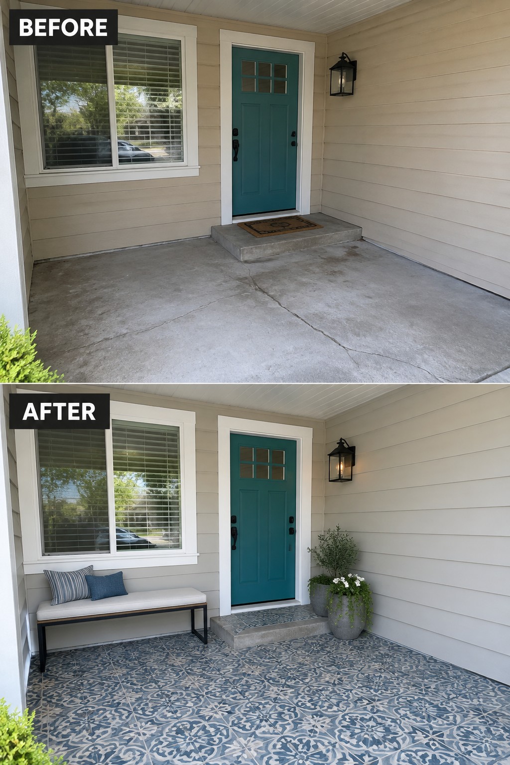 Before and after porch with teal door, patterned tile floor, bench and plants