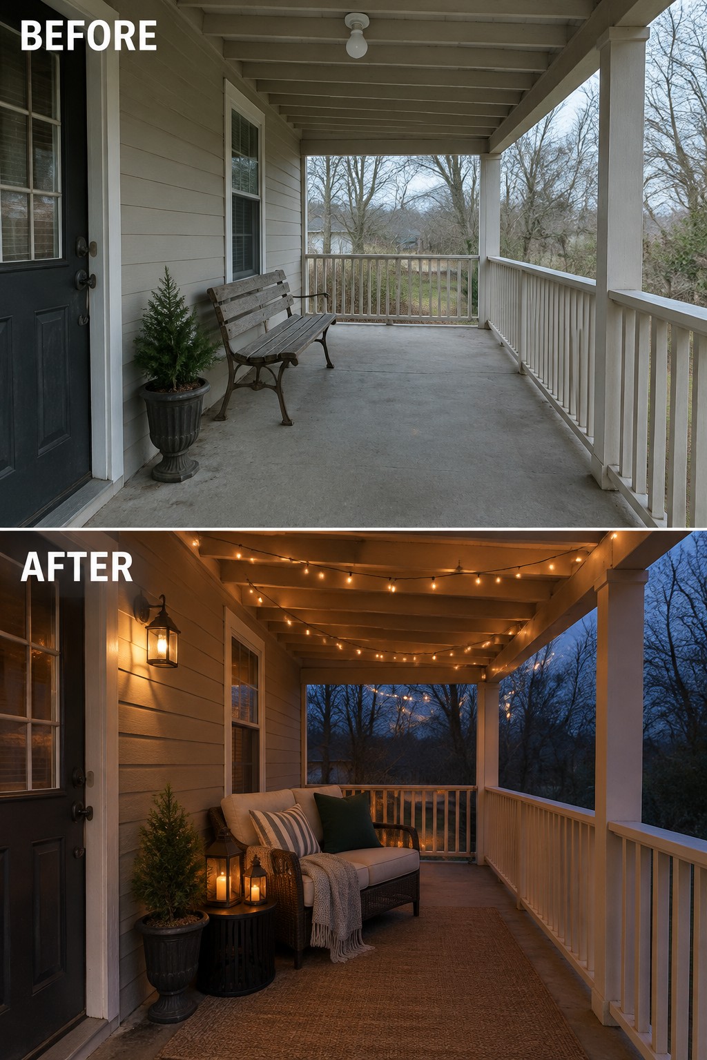 Before and after porch with string lights, sofa, rug, and warm evening glow.