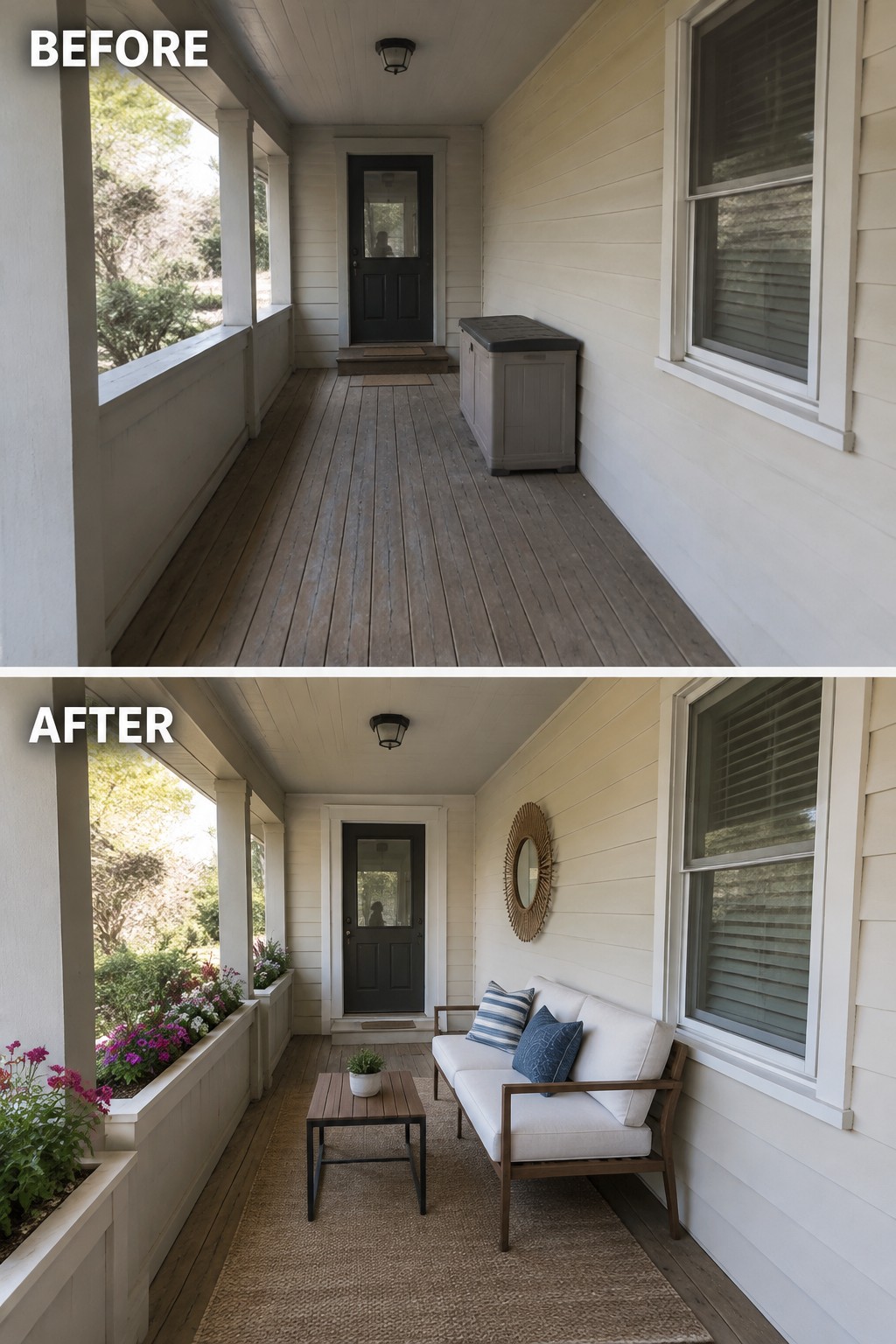 Before-and-after image of a bare covered porch changed into an outdoor seating area with a sofa, coffee table, rug, and planters.