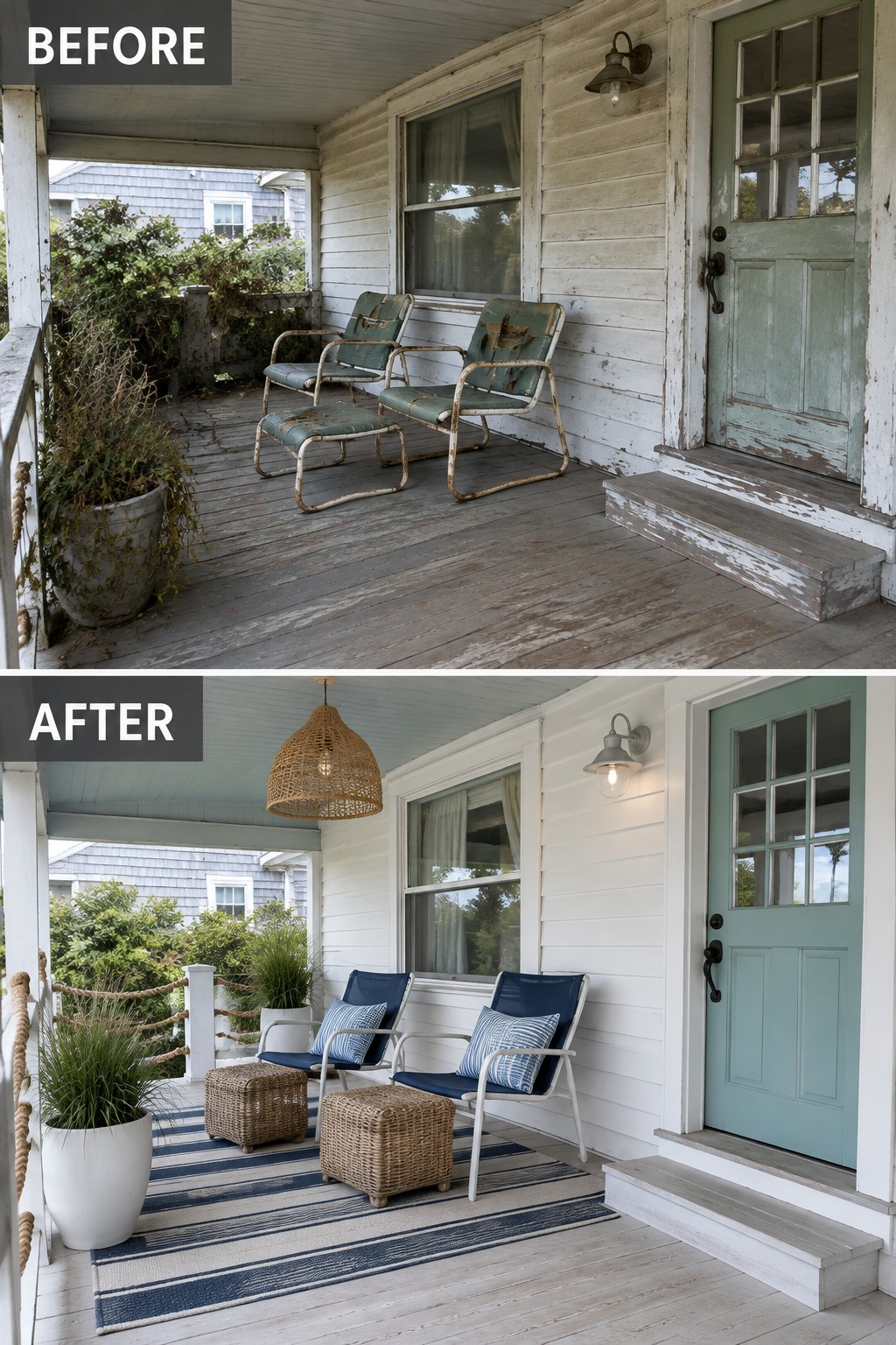 Before-and-after image of a worn front porch transformed with a striped outdoor rug, new blue seating, woven ottomans, and fresh planters.