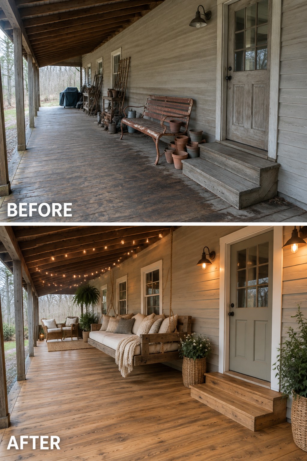 Before-and-after porch renovation: rusty bench to cozy hanging swing with string lights.