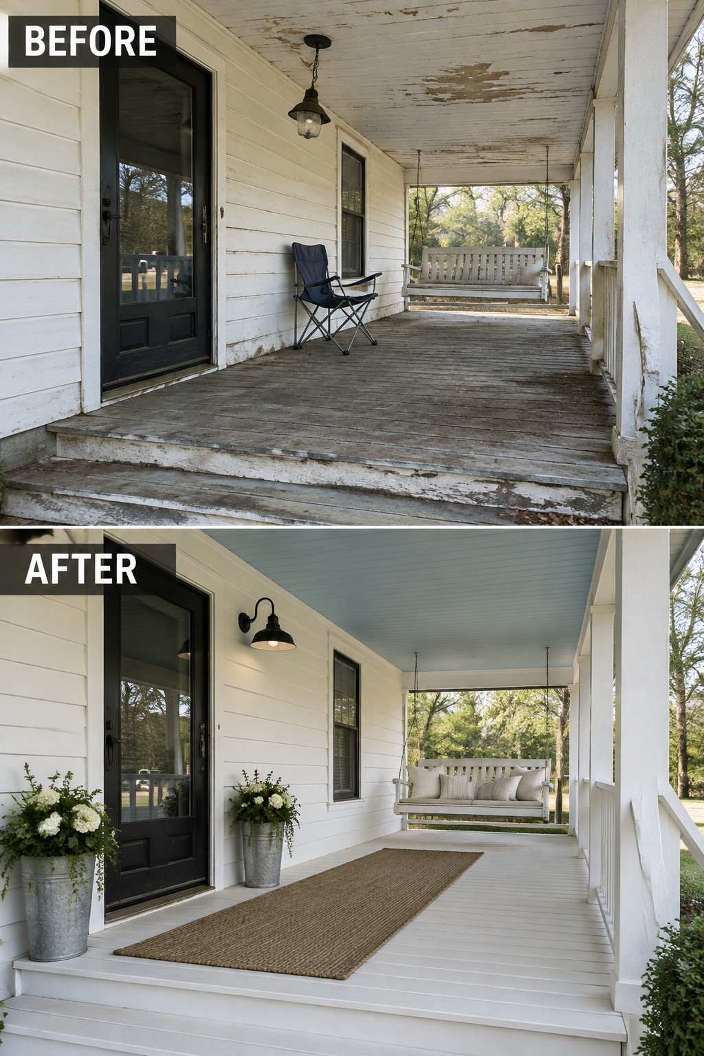 Before-and-after image of a weathered front porch refreshed with light blue ceiling paint, white floorboards, a brown rug, two potted plants, and an updated porch swing with cushions.