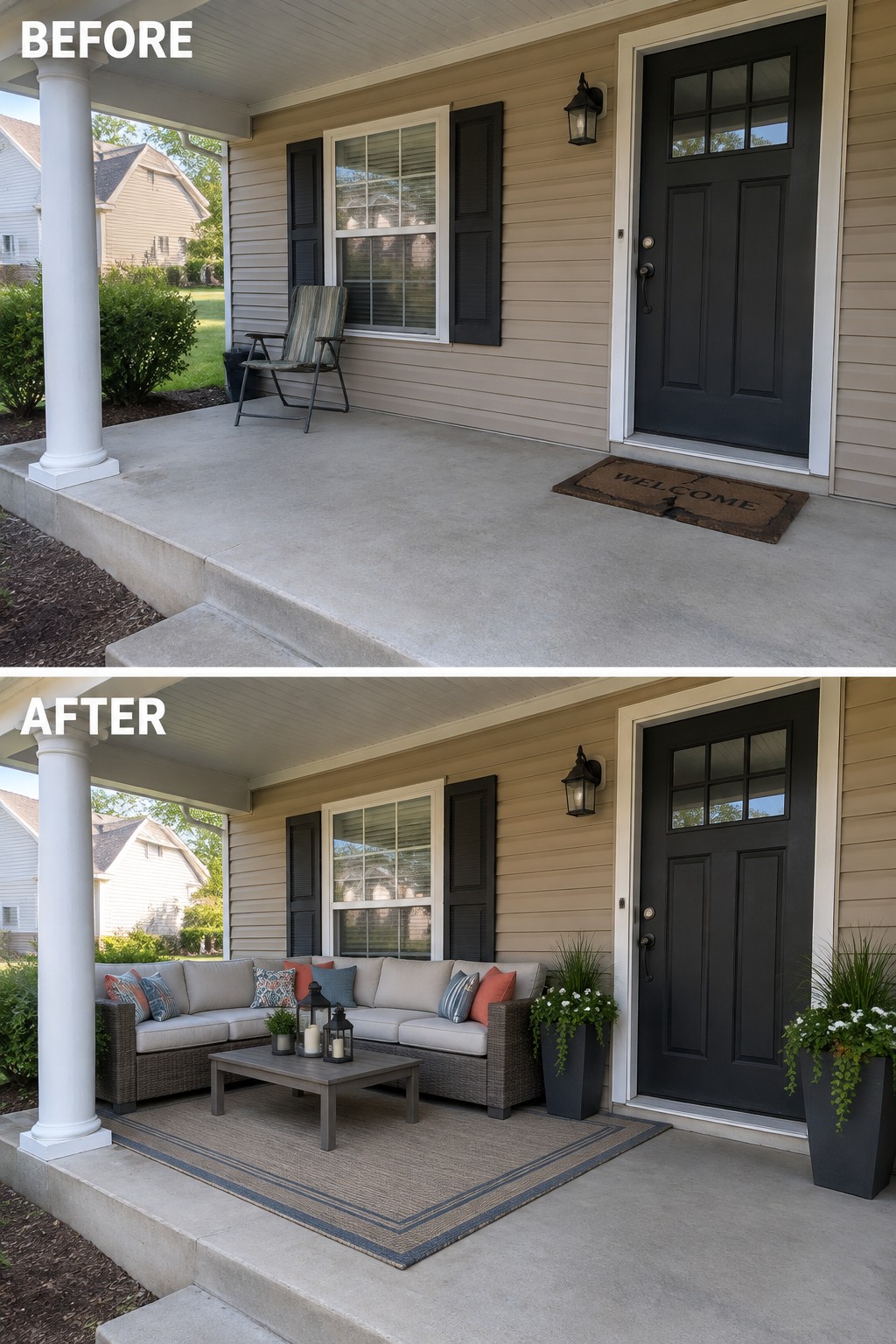 Before and after porch with added sofa, rug, table, and plants.