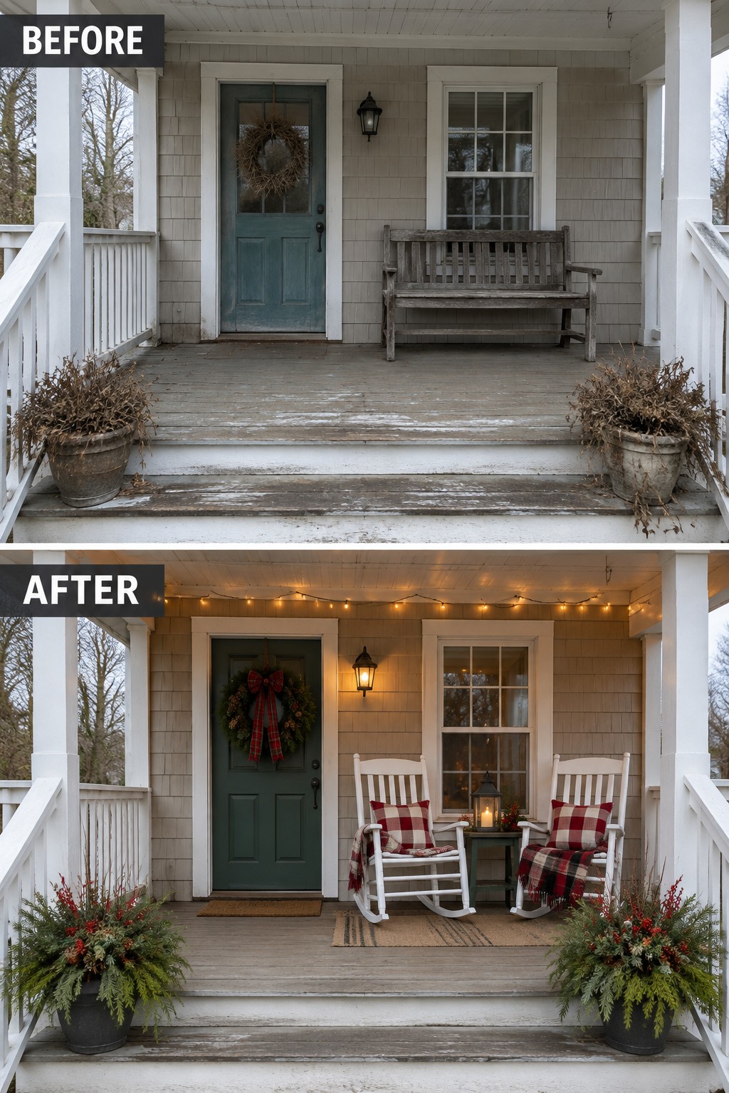 Before-and-after porch with Christmas wreath, lights, white rockers, and festive plants.