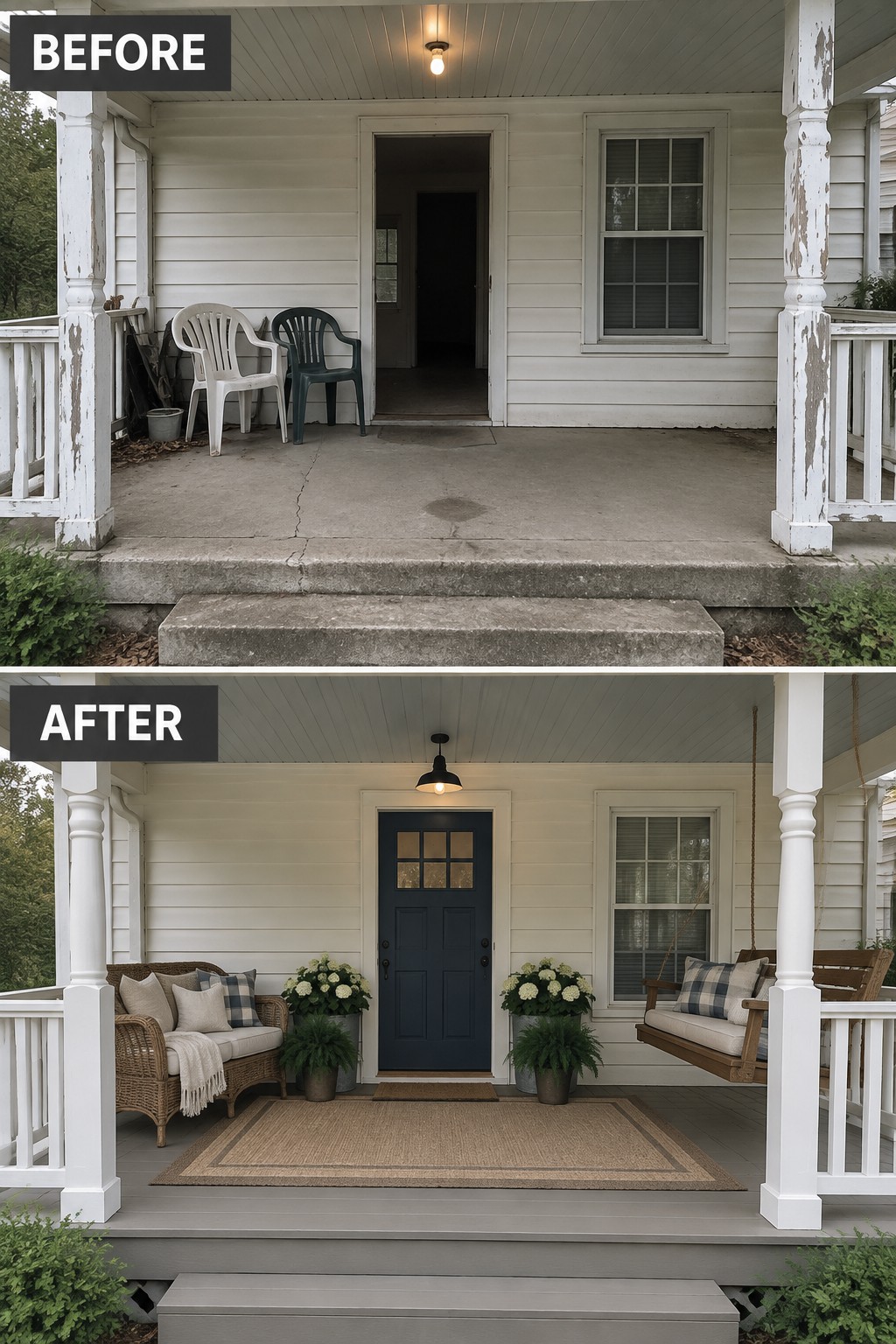 Before-and-after porch renovation: peeling paint and plastic chairs replaced by blue door, swing, and wicker seating.