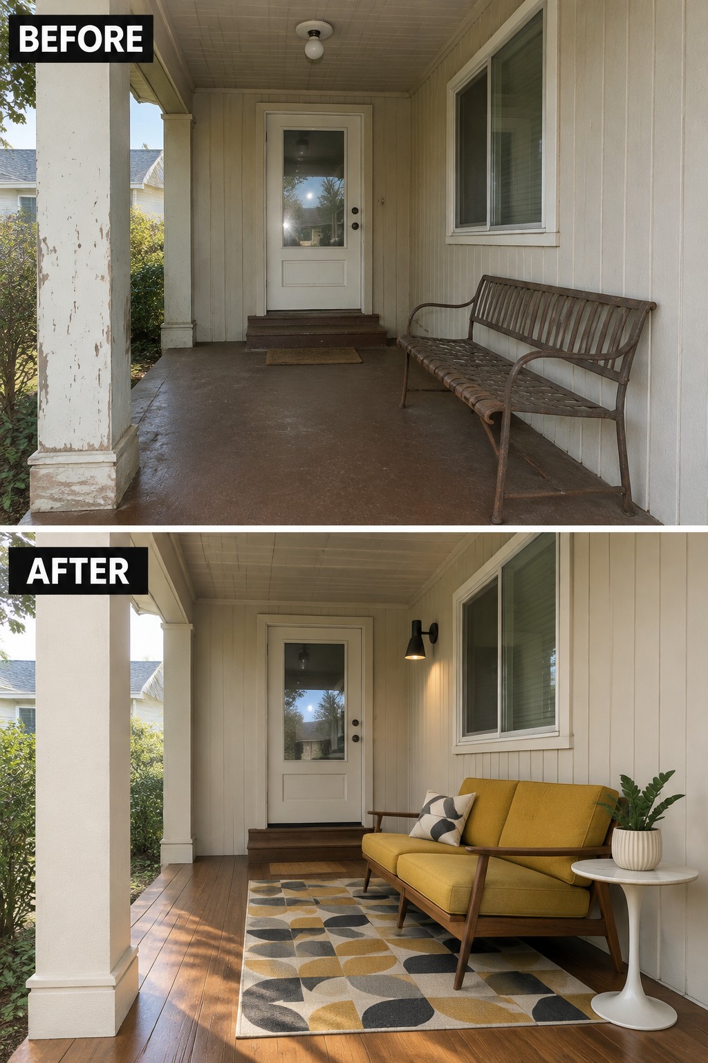 Before-and-after image of a bare front porch transformed into a seating area with a yellow sofa, patterned rug, side table, and potted plant.