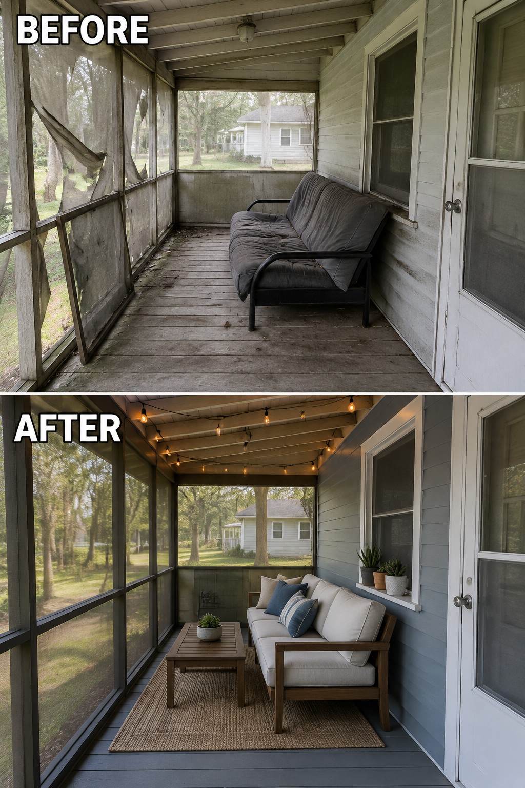 Before-and-after porch renovation: torn screens and old futon replaced by cozy sofa, lights, and rug.