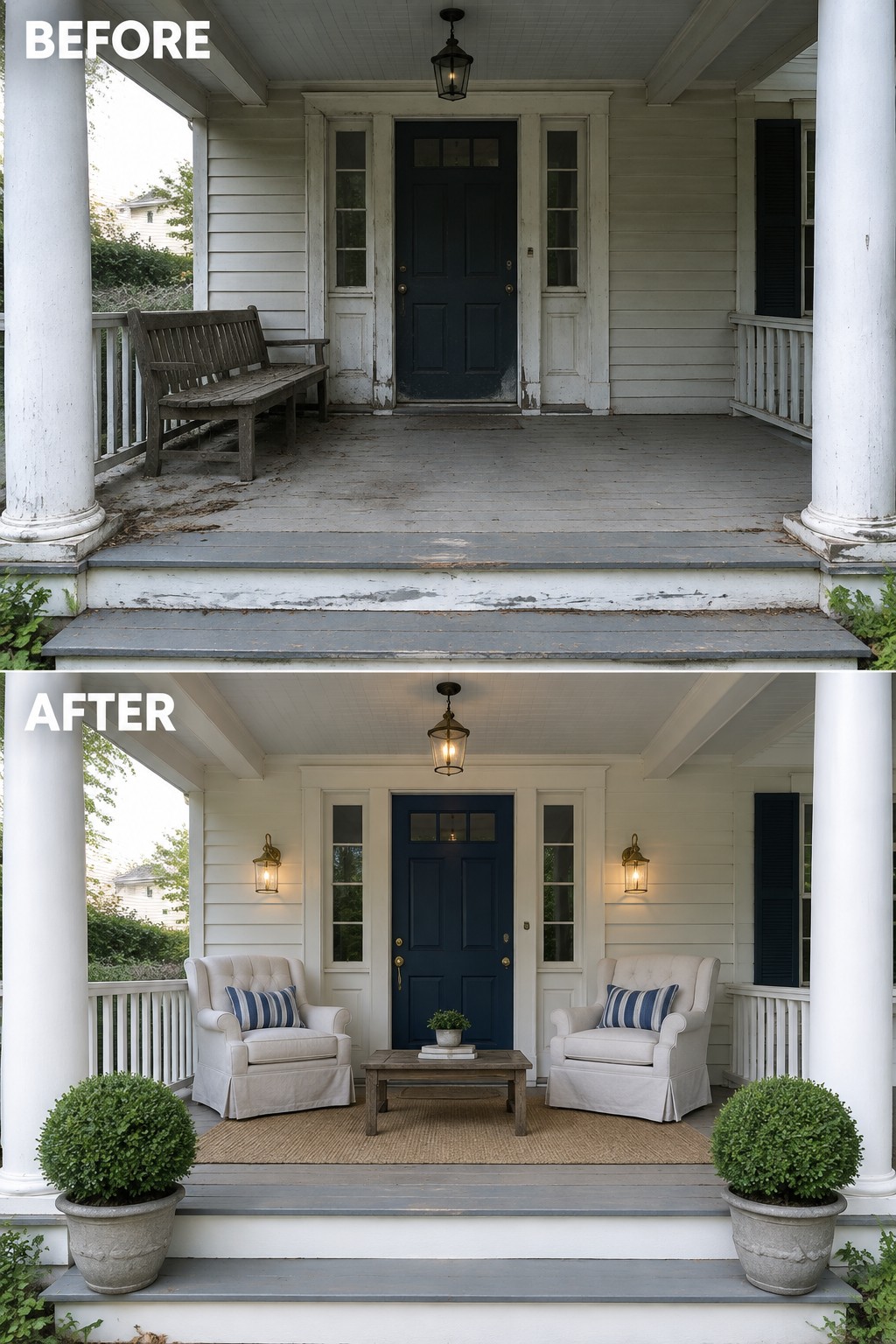 Before-and-after image of a front porch changed from an empty space with one bench into a seating area with two armchairs, a coffee table, rug, and potted plants.