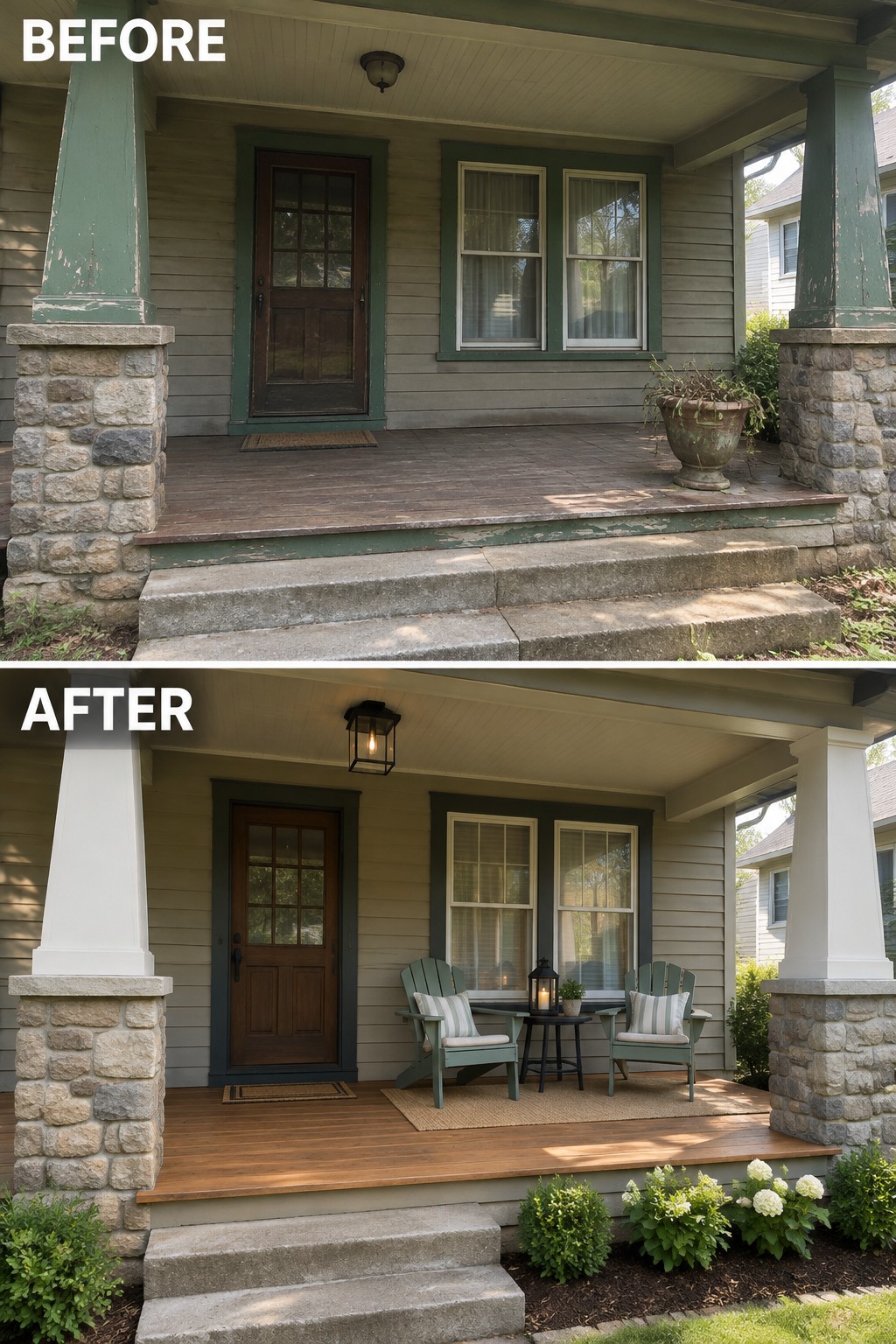 Before and after porch renovation with fresh paint, chairs, rug, and flowers.