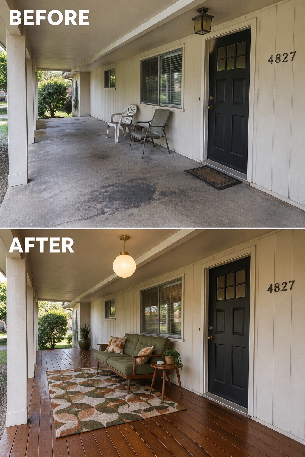 Before and after porch renovation: concrete slab replaced by wooden deck with green sofa and rug.