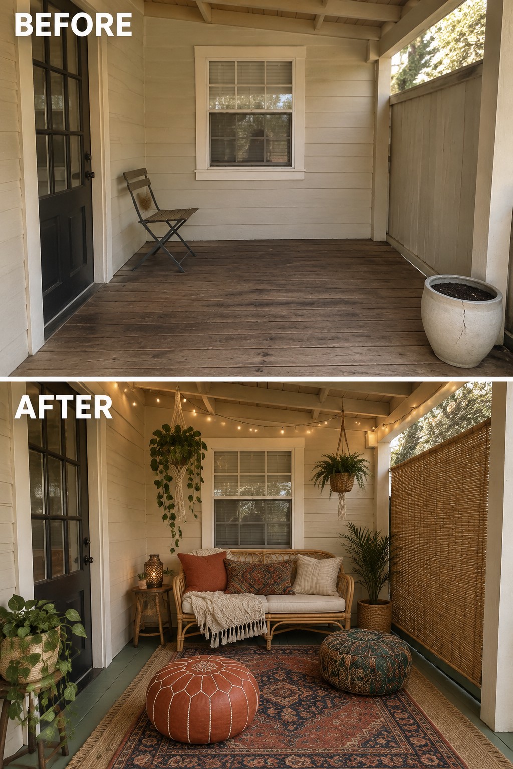 Before and after porch makeover with string lights, sofa, plants, and rugs.