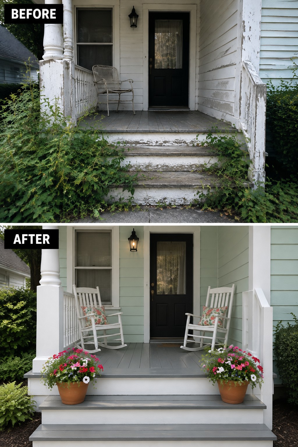 Before-and-after porch renovation with new rockers, flowers, and fresh paint