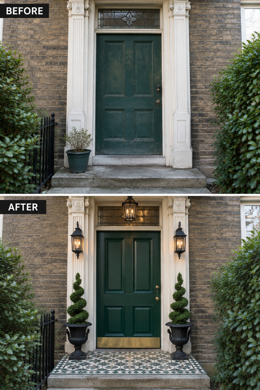 Before and after of green door with added lanterns, planters, and patterned tiles