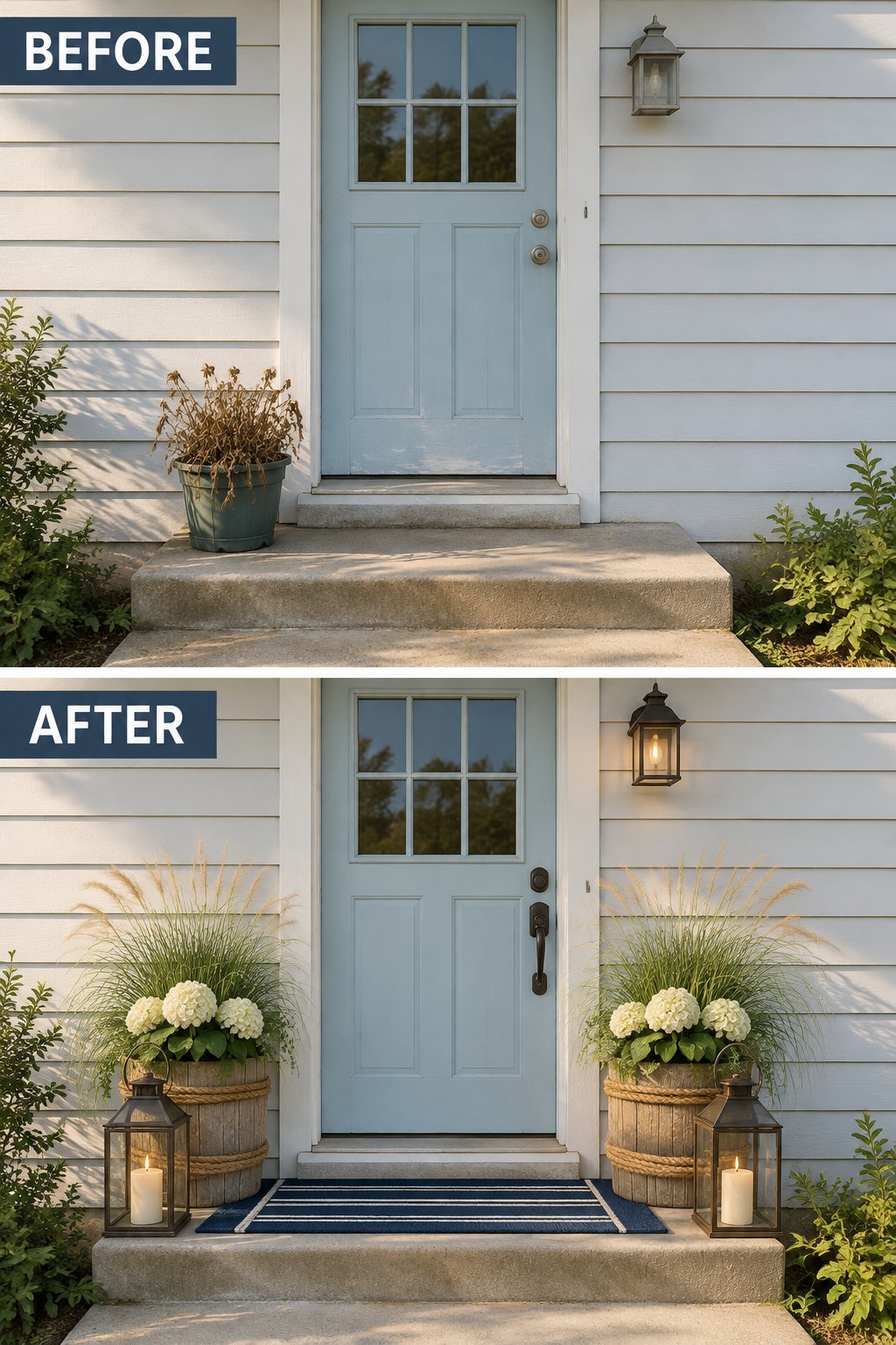 Before-and-after light blue door with wilted plant replaced by floral barrels and lanterns