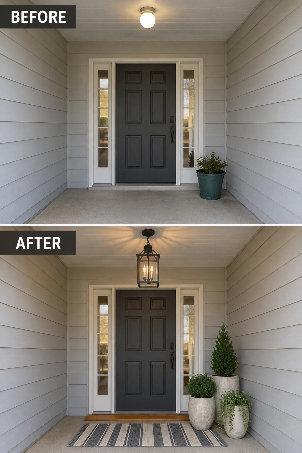 Before and after porch entry with new lantern, doormat, and potted plants