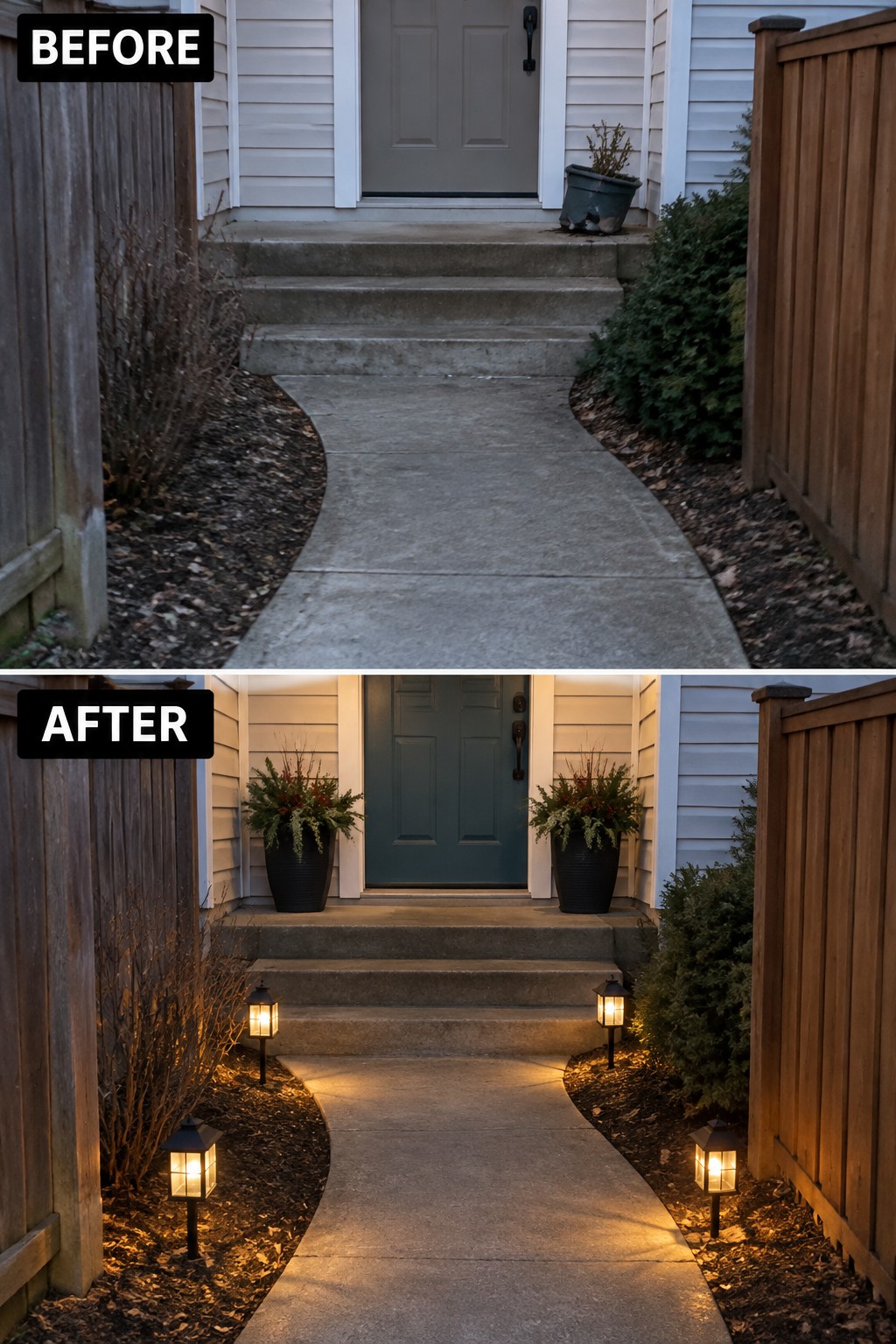 Before and after of a front entrance with new teal door, plants, and pathway lights.