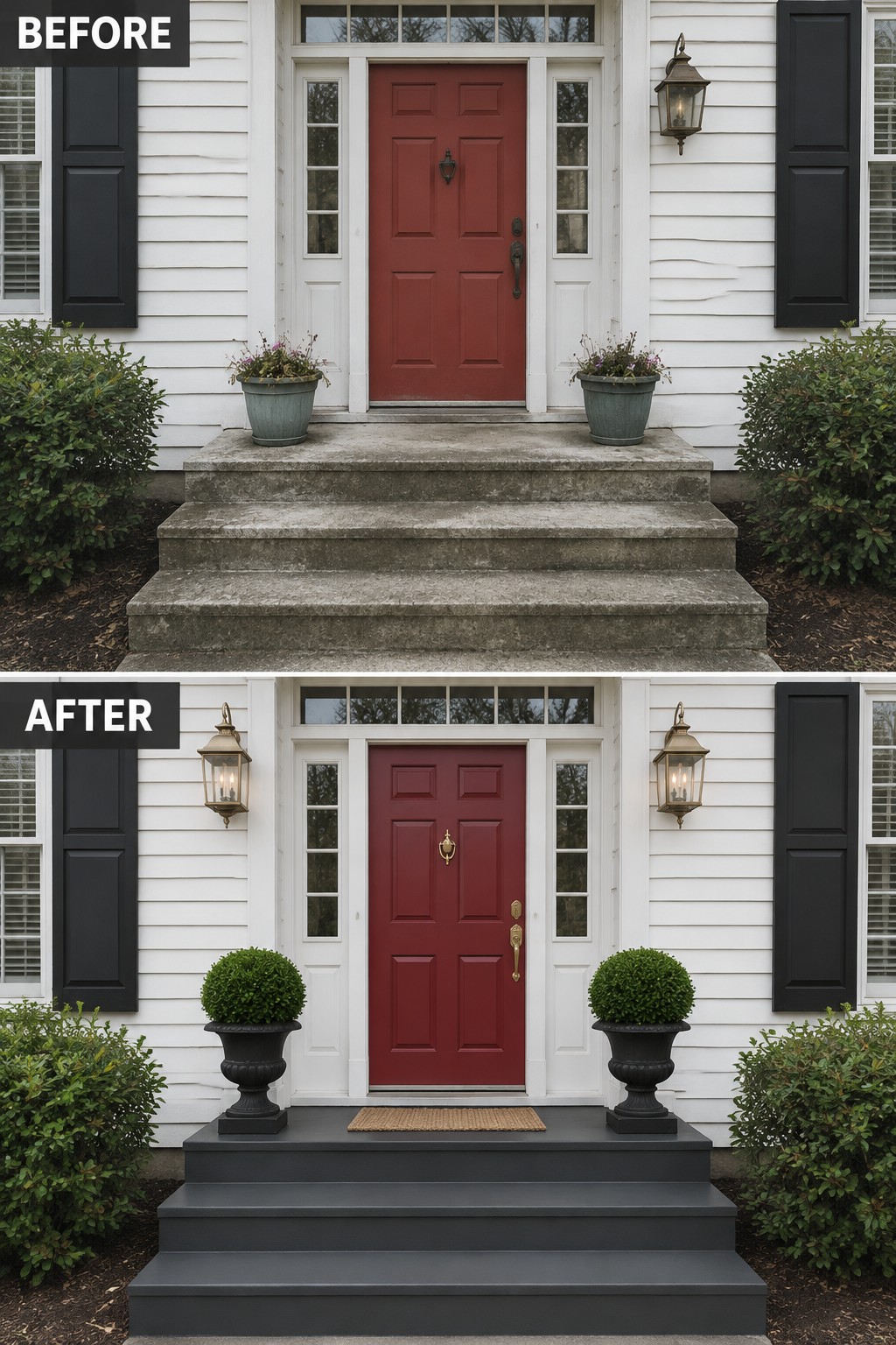 Before-and-after image of a front entry showing updated planters, lanterns, painted steps, and a doormat.