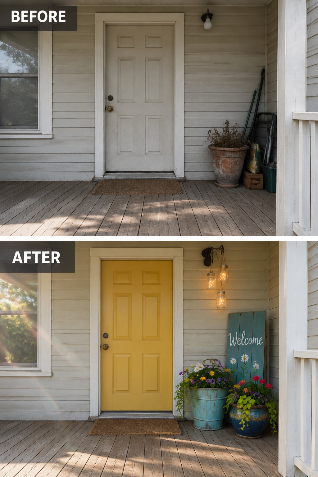 Before-and-after porch with door repainted yellow, plus string lights, flowers and welcome sign.