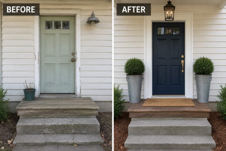 Before-and-after porch renovation: green door repainted navy with added potted planters