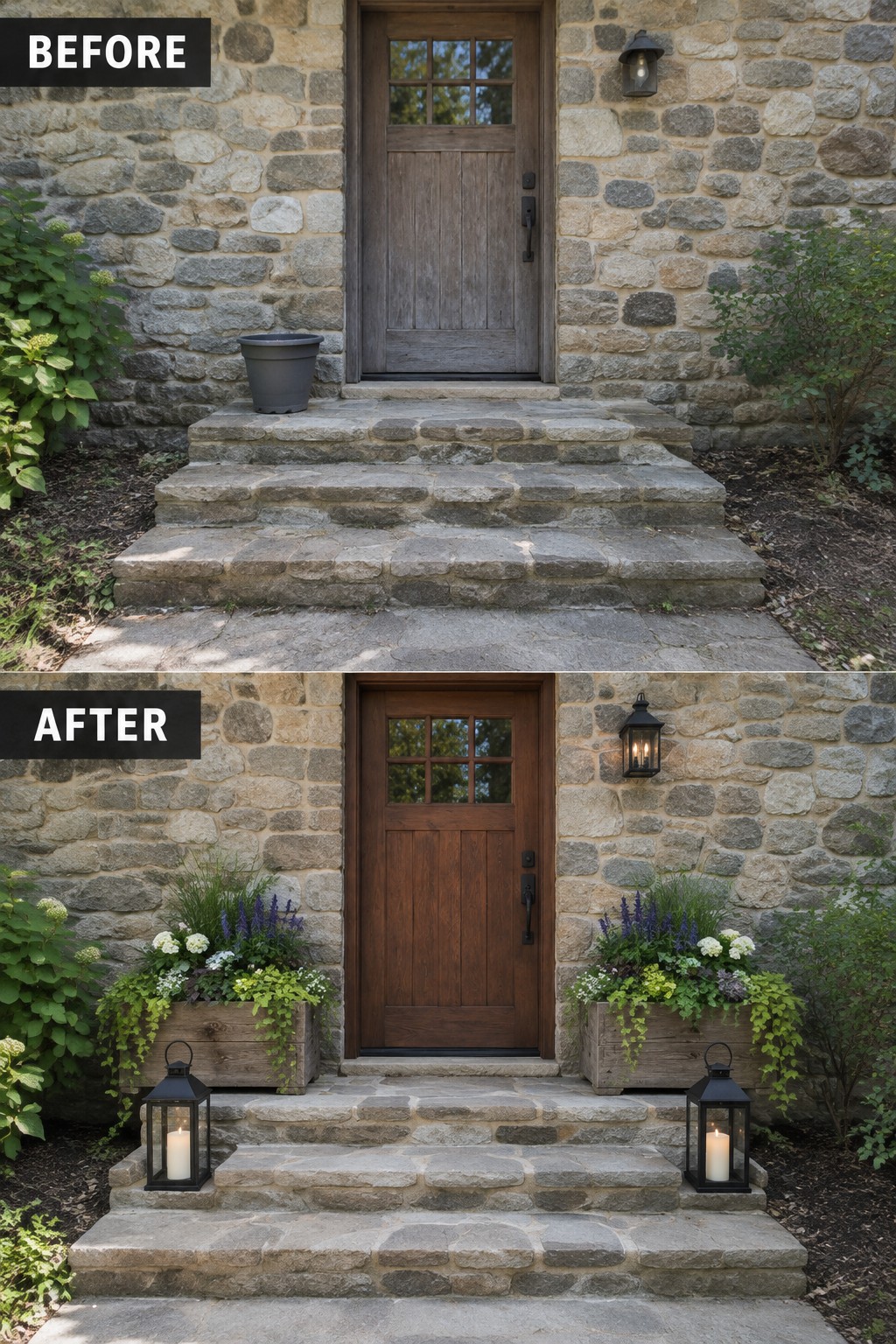 Before and after of stone entrance with dark wood door, planters, and lanterns