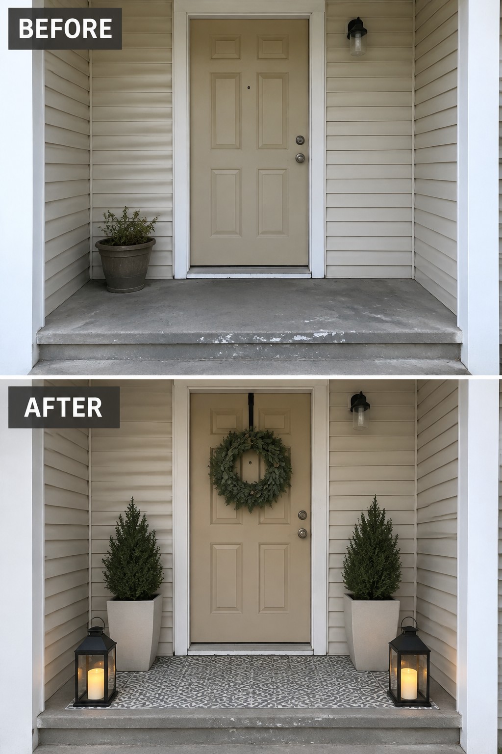 Beige door entrance before and after with wreath, potted plants, lanterns, and rug.