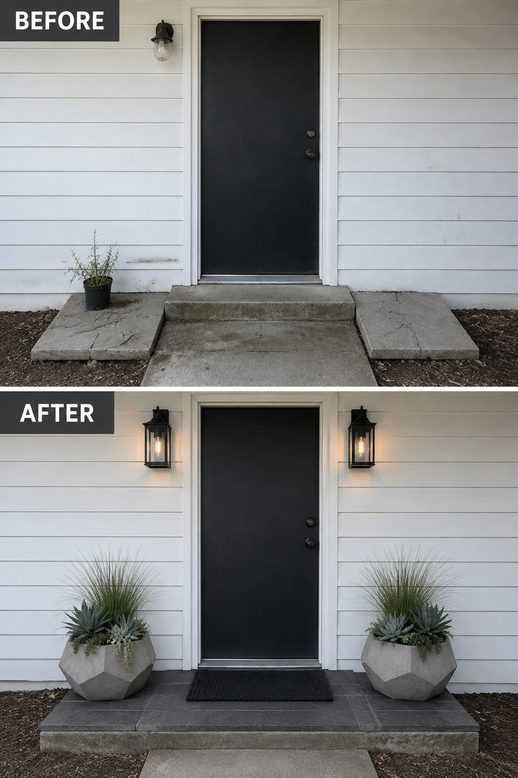 Before-and-after of black door entrance with new planters, lights, and tiled steps.