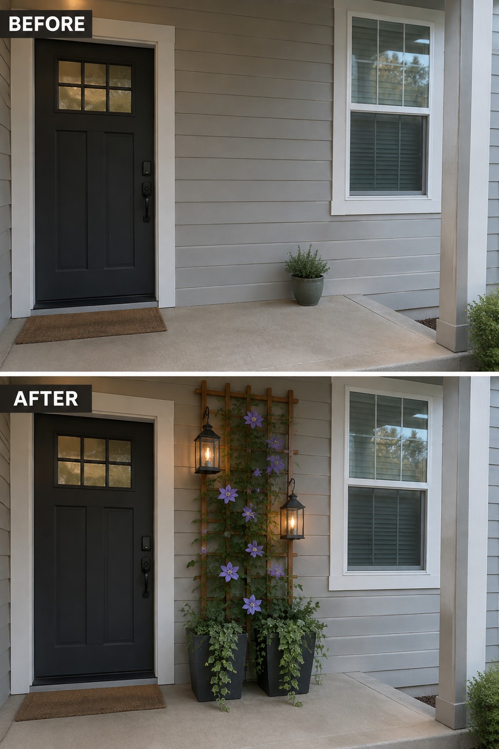 Before and after porch with added floral trellis, lanterns, and planters.