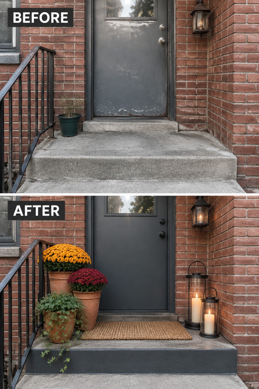 Before-and-after views of brick entrance with potted flowers, doormat and lit lanterns