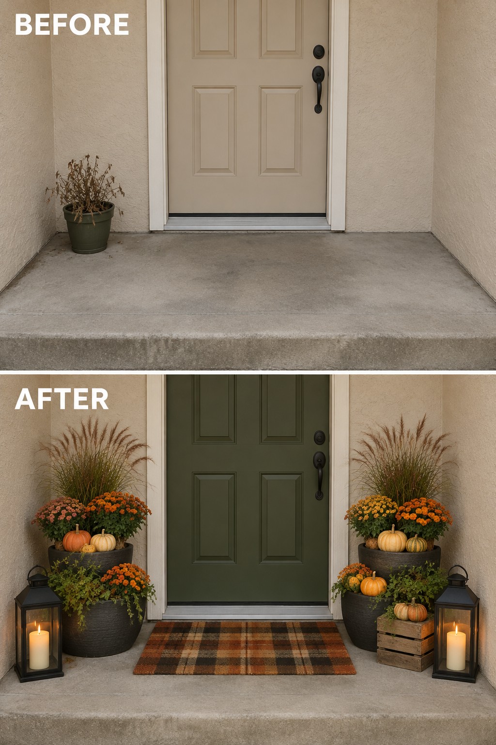 Before-and-after image of a plain front entry updated with symmetrical planters, lanterns, and a doormat.