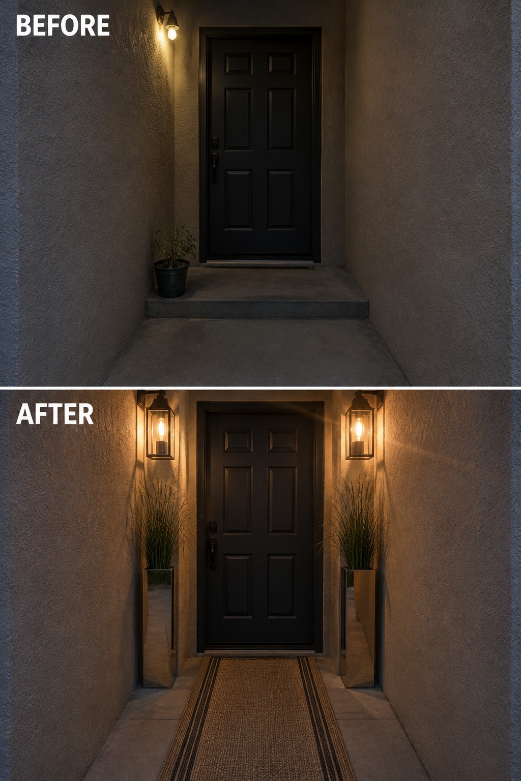 Before and after of black door with new lanterns, tall plants and doormat