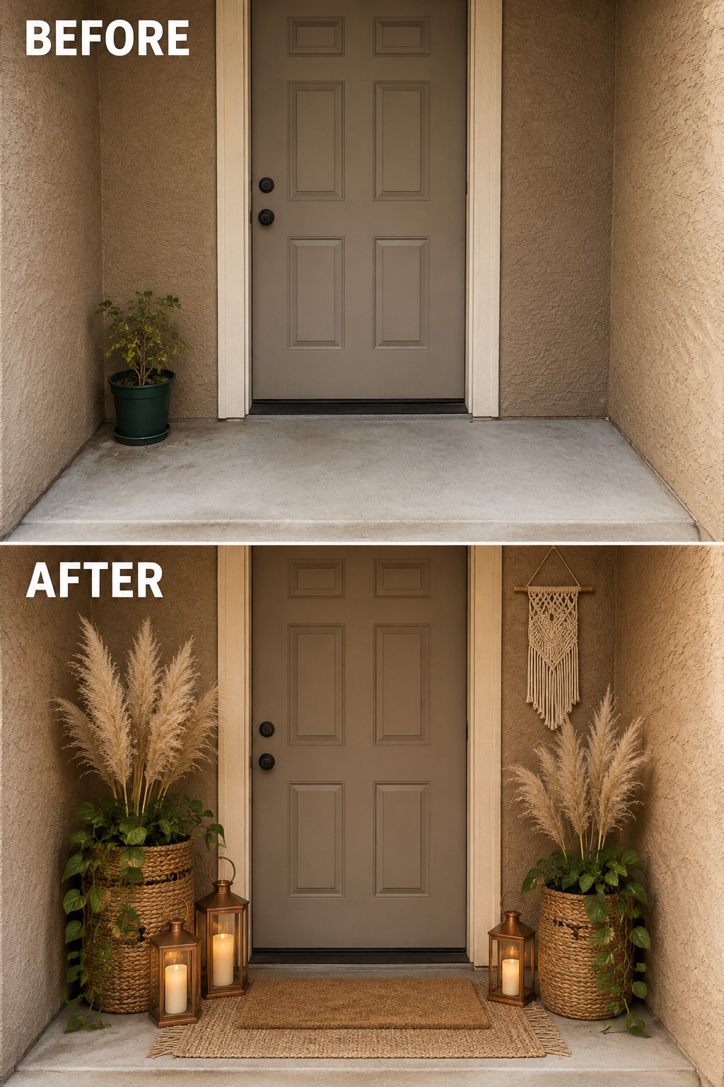 Before-and-after image of a plain front entry updated with large planters, lanterns, a doormat, and wall decor.