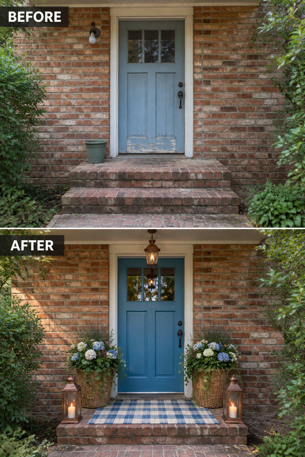 Before and after of blue door on brick house with added planters, lanterns and rug
