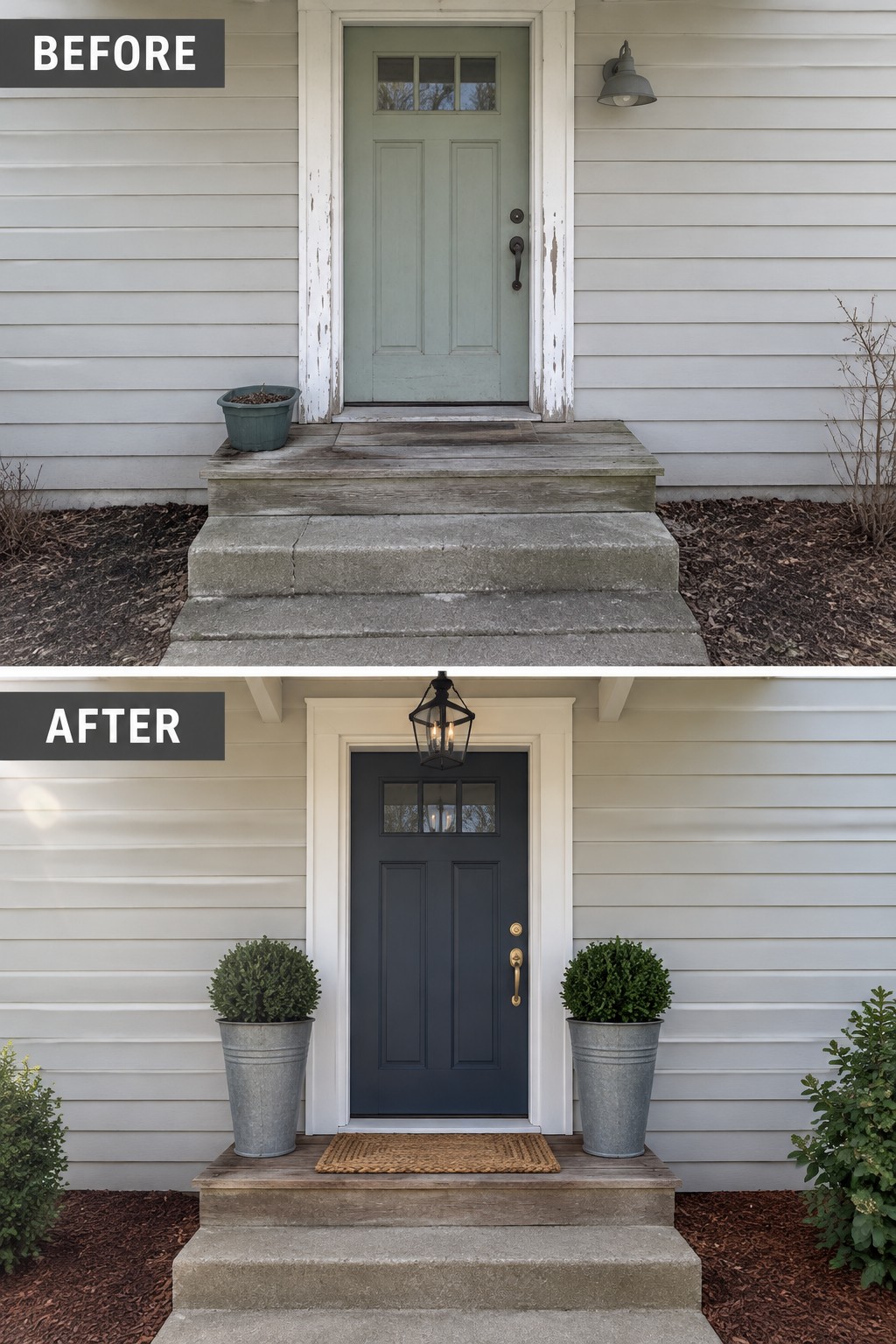 Before-and-after porch renovation: green door repainted navy with added potted planters