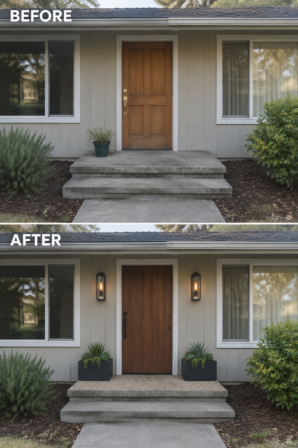 Before and after views of a house entrance updated with black planters, lights, and gravel.