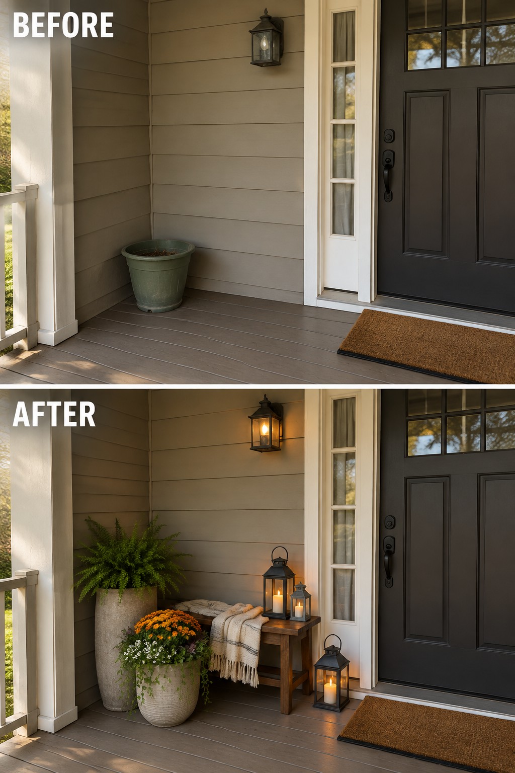 Before-and-after image of a bare front porch updated with large planters, a wooden bench, and several lanterns.