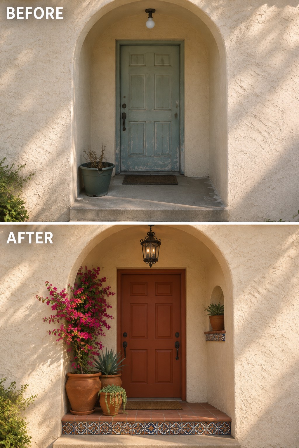 Before and after of arched entry with blue door renovated to red door, tiles and plants